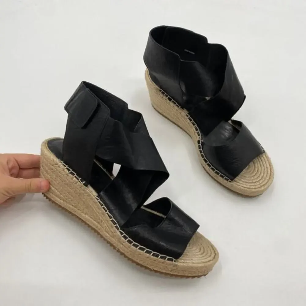Eileen Fisher Black Leather Wrap Espadrille‎ Wedges